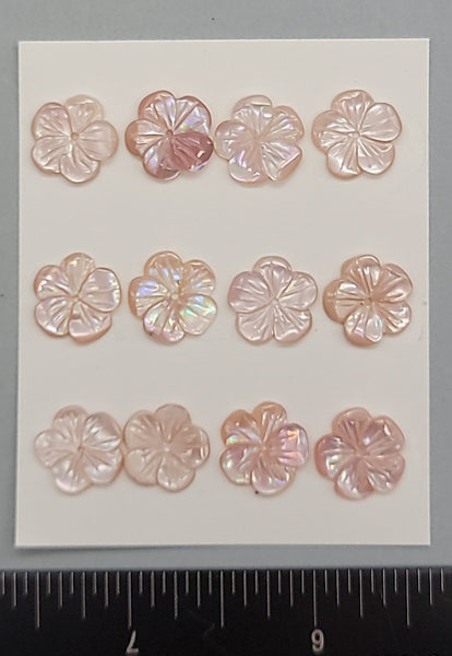 Mother of Pearl- carved natural pink, iridescent flowers - 12mm - 12pcs