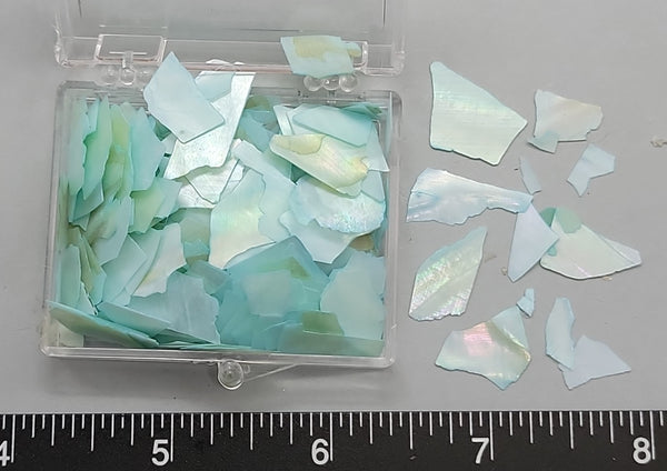 Very thin, tinted light turquoise Mother of Pearl flakes - 2mm to 20mm - 1.75" x 2" Box